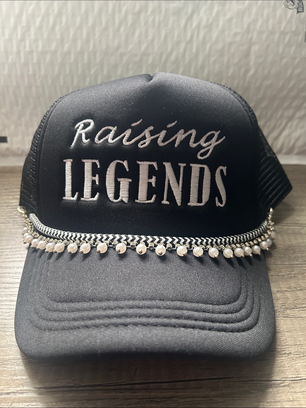 Raising Legends Embroidered Black Trucker Hat with Pearl Trim